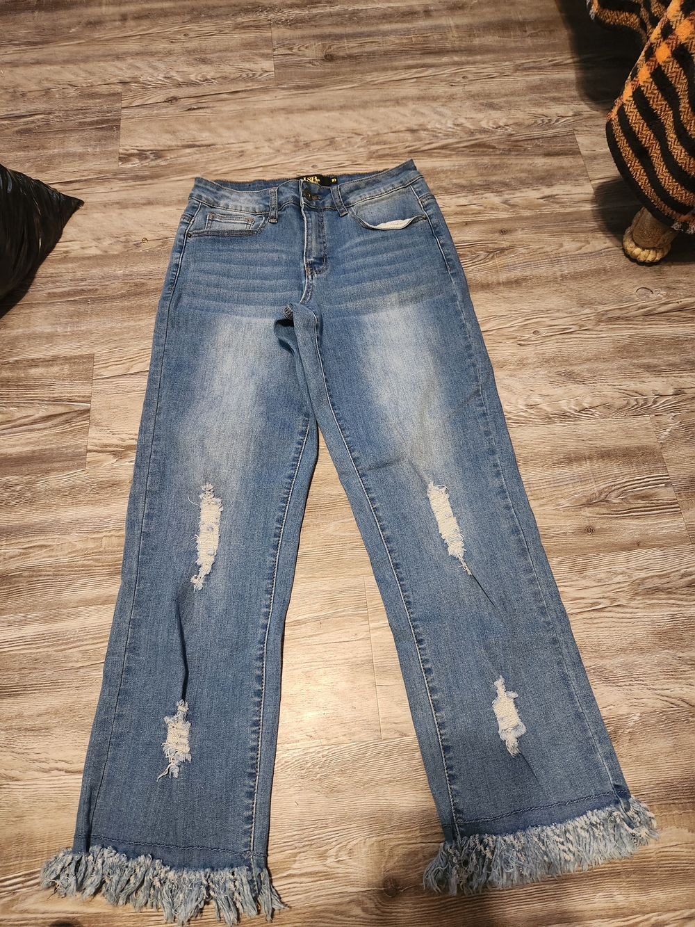 L&B Light Blue Distressed Flare Jeans with Fringe Hem